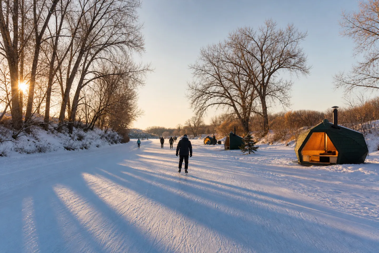 Illustration: a frozen river trail at low sun with skaters seen from behind